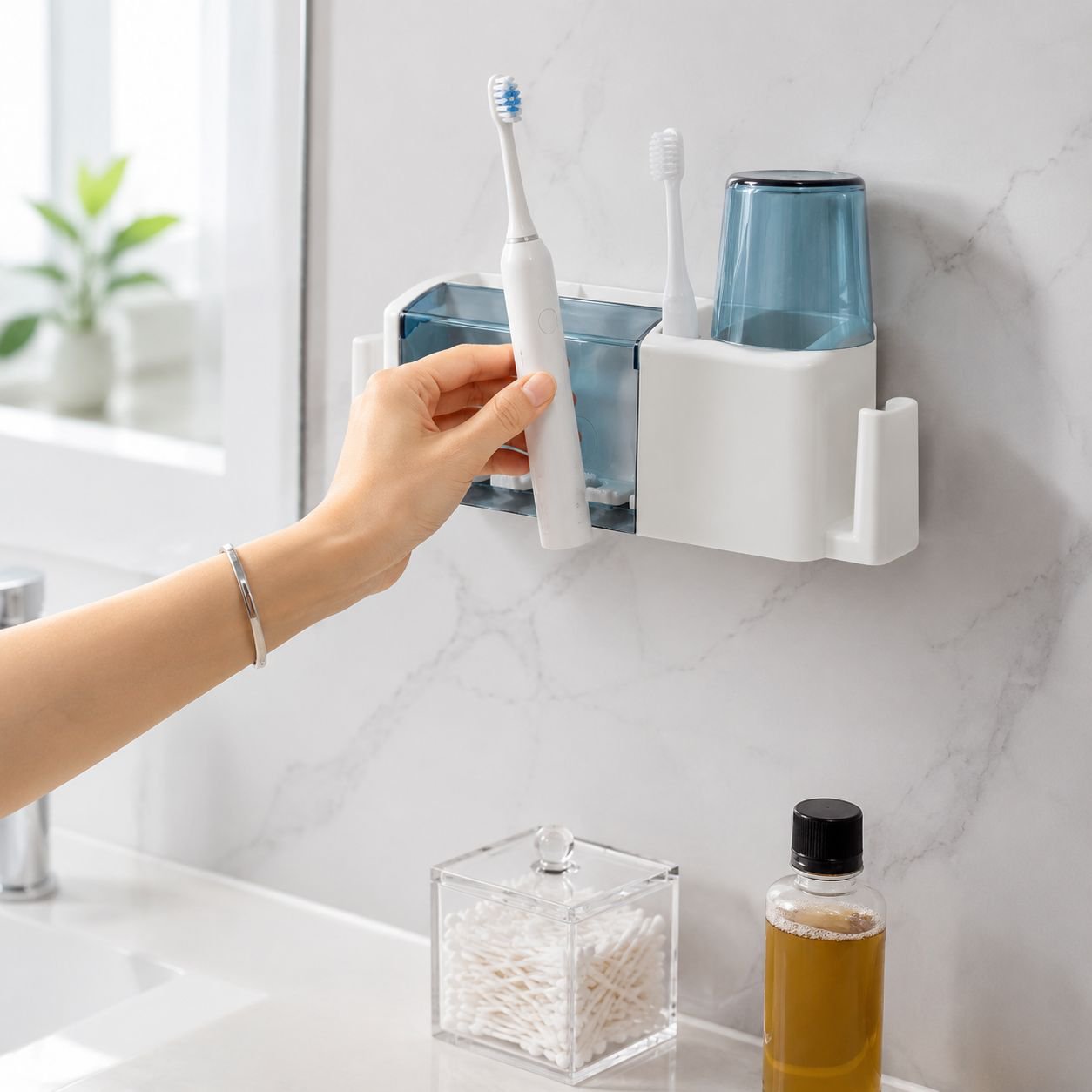Wall-mounted electric toothbrush holder for bathroom, no drilling required, wash cup and toothbrush 