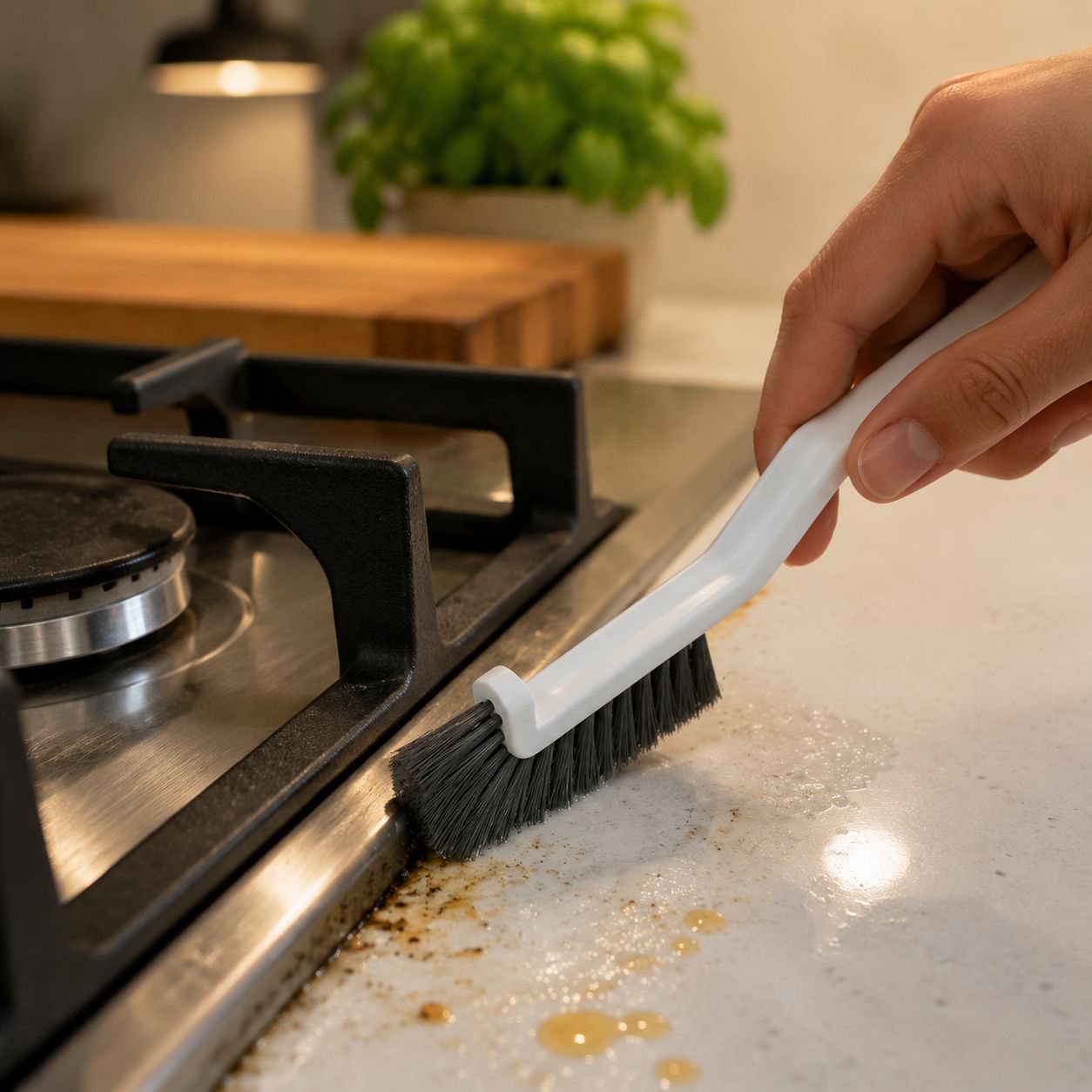 Tile cleaning brush removing stubborn grout stains