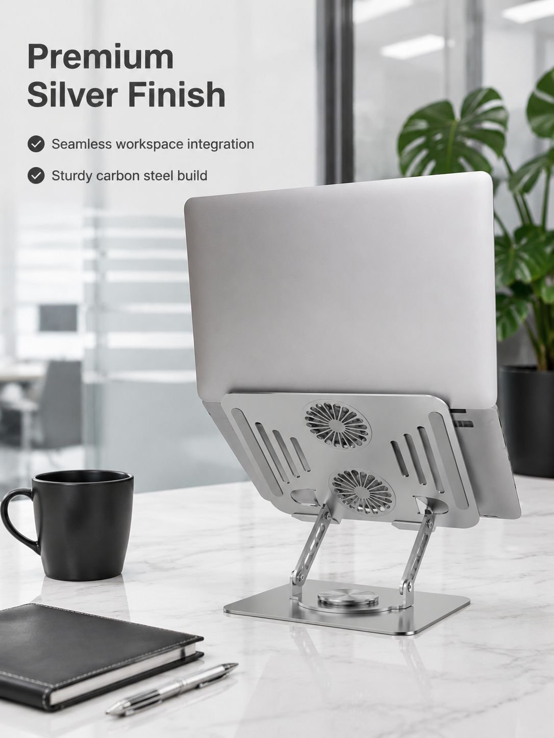 Dual-fan Hollow Cooling Laptop Stand, Portable Foldable Carbon Steel Height-Adjustable Support