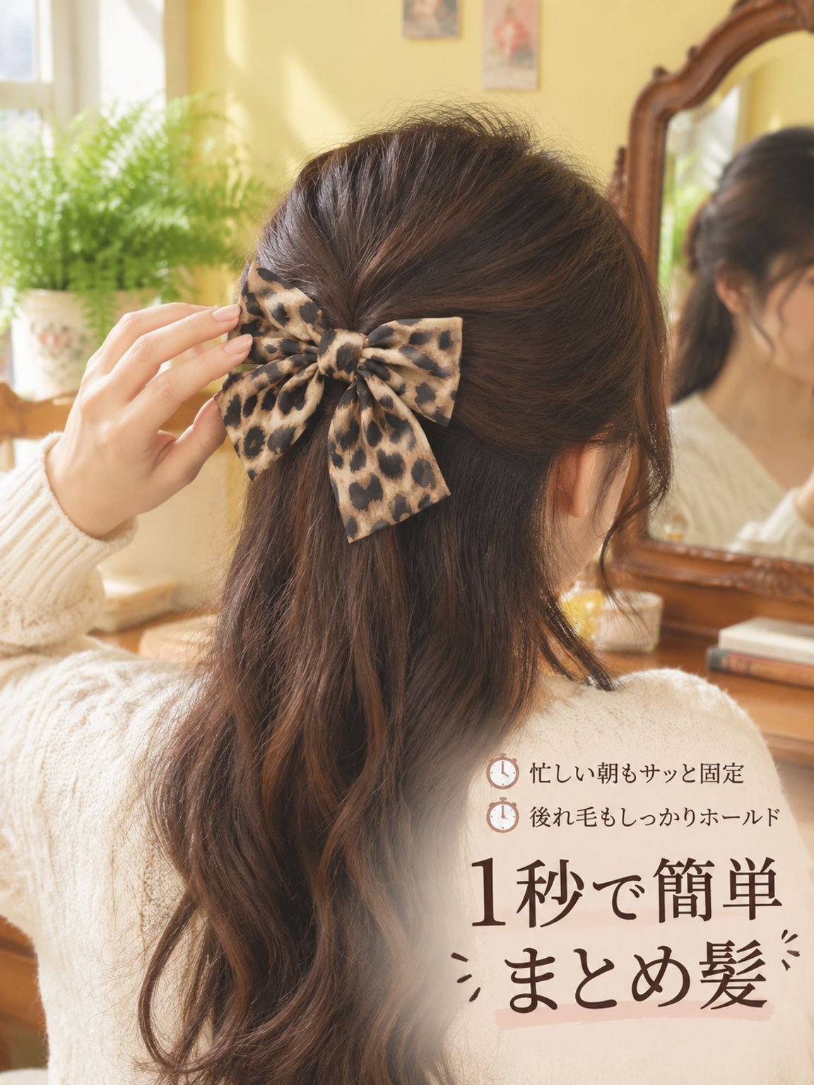 ヒョウ柄のリボンヘアクリップ