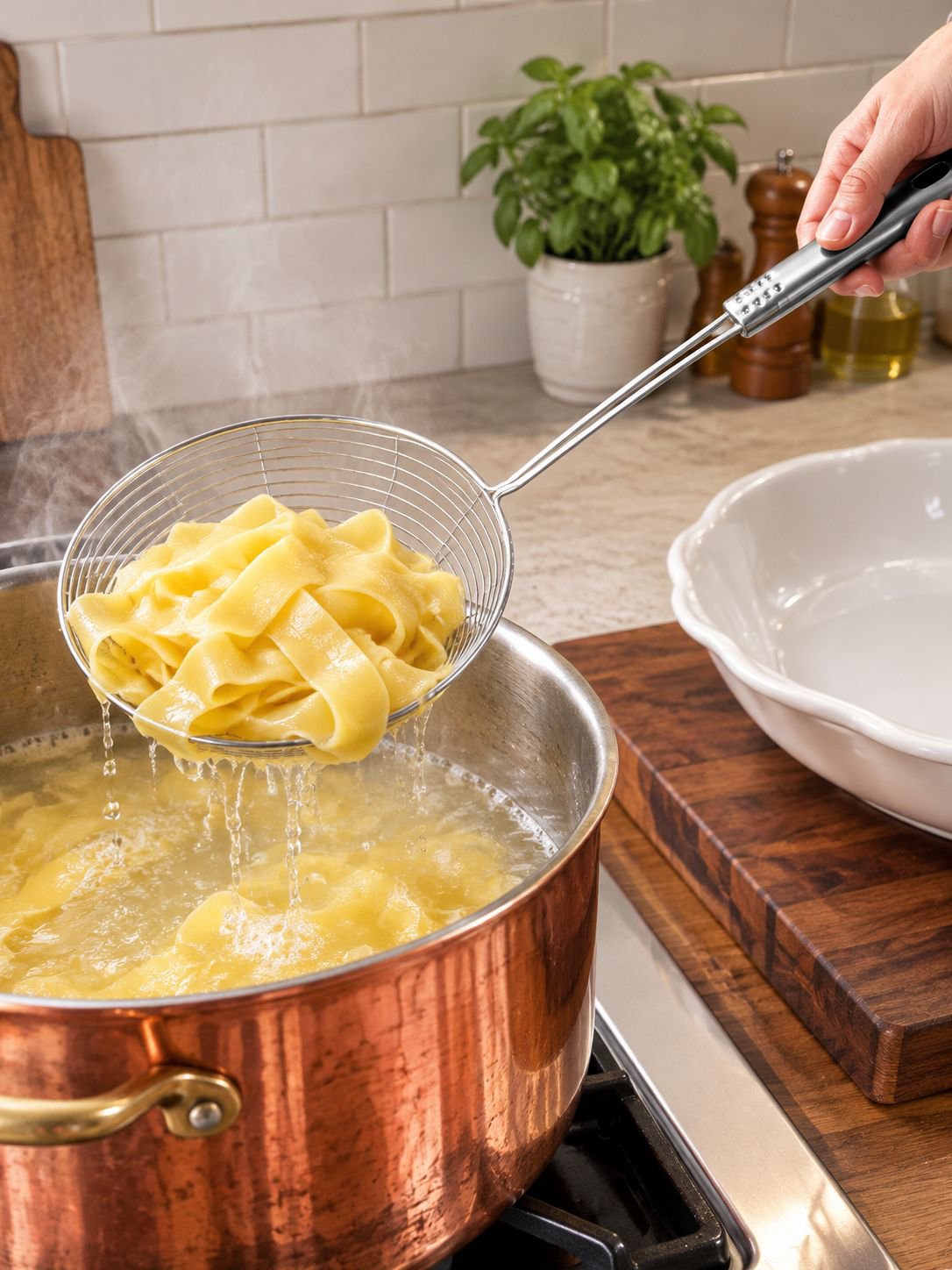 Schaumlöffel beim Abschöpfen von Suppe