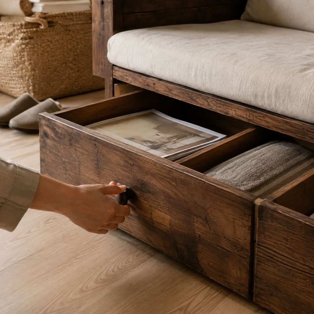 Distressed Solid Wood Storage Bench Sofa, Double Seating Linear Design