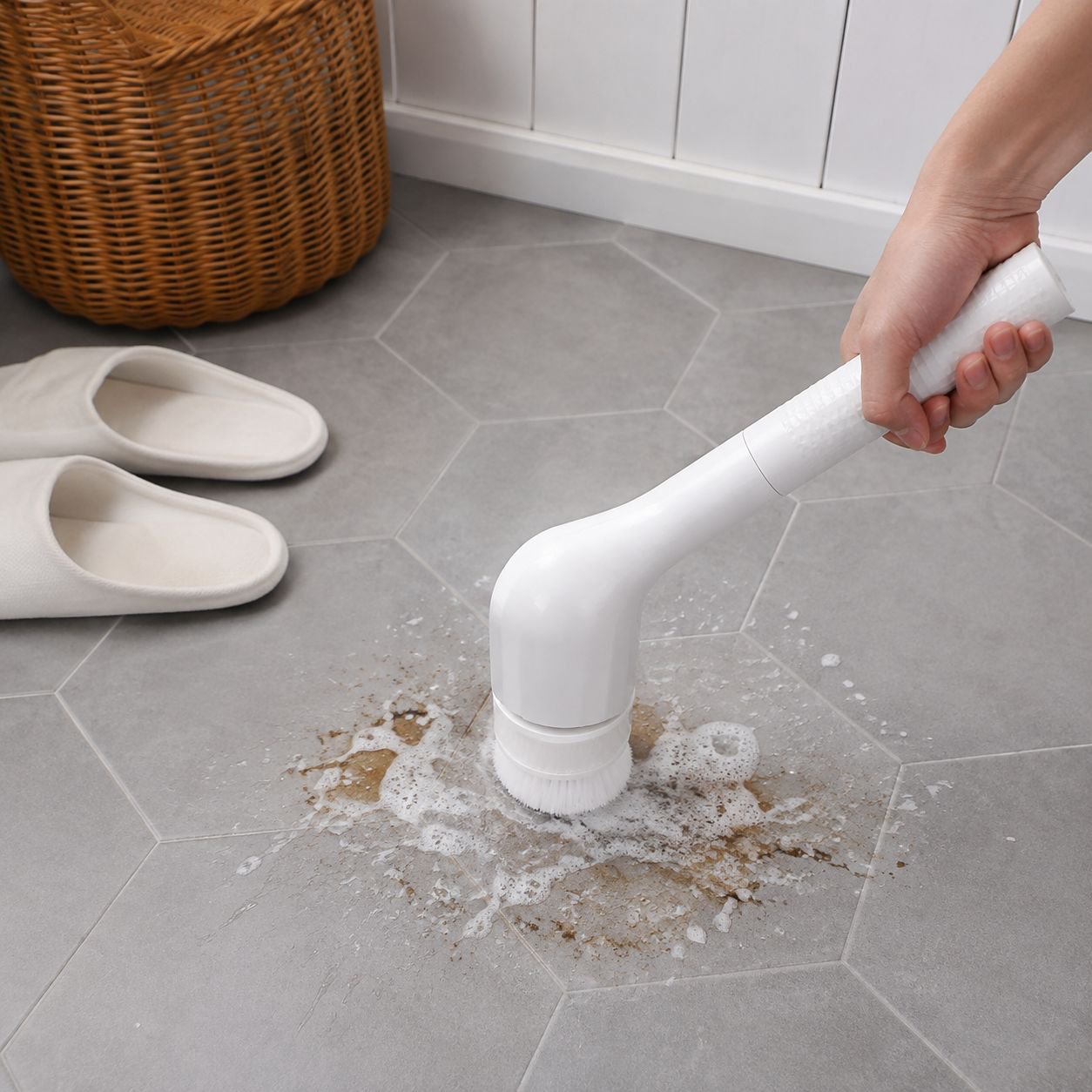 Handheld cordless floor scrubber in use