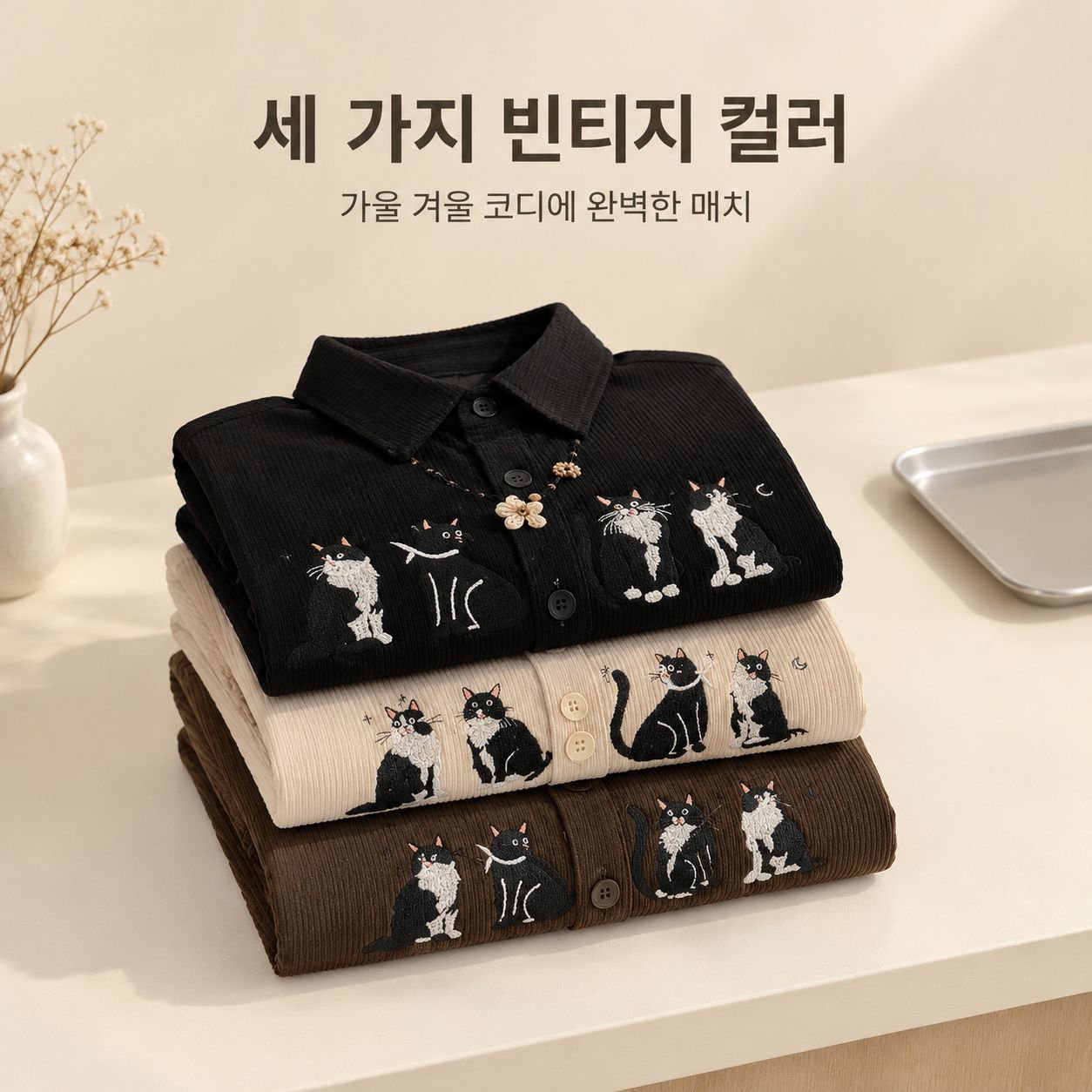 가을겨울 미국 빈티지 루즈핏 재미있는 고양이 자수 코듀로이 긴팔 셔츠