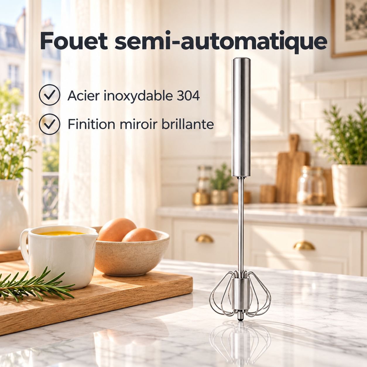 Fouet Semi-Automatique à Pression en Inox pour Crème et Pâtisserie Maison