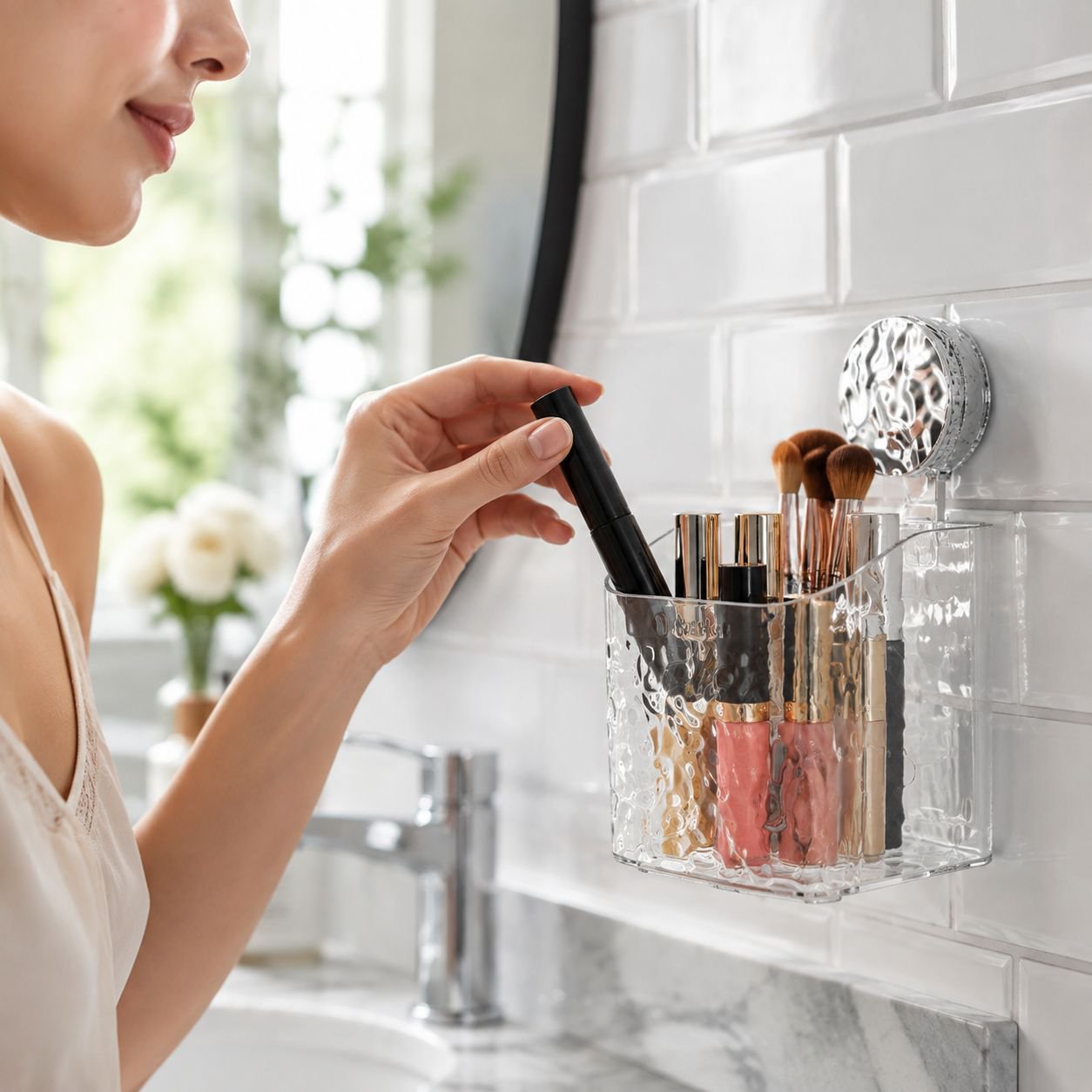 Chic glacier pattern cosmetic organizer on vanity