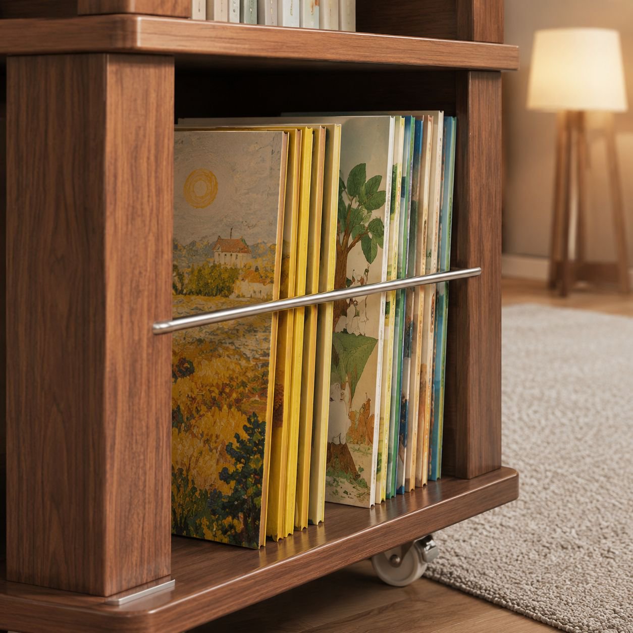 Movable children's bookshelf with spinning design