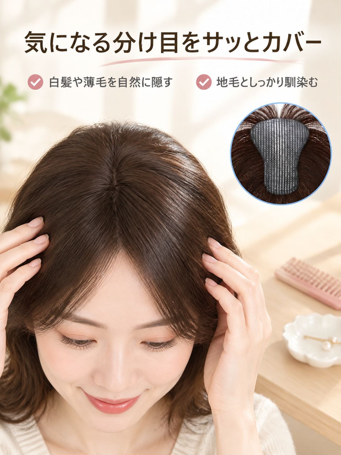 面ファスナー式前髪ウィッグ（白髪隠し用）