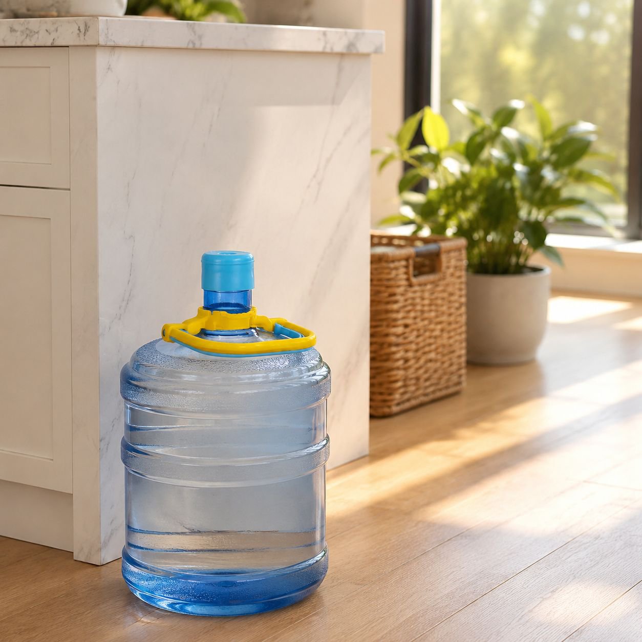 Ergonomic plastic handle for drinking water bottles