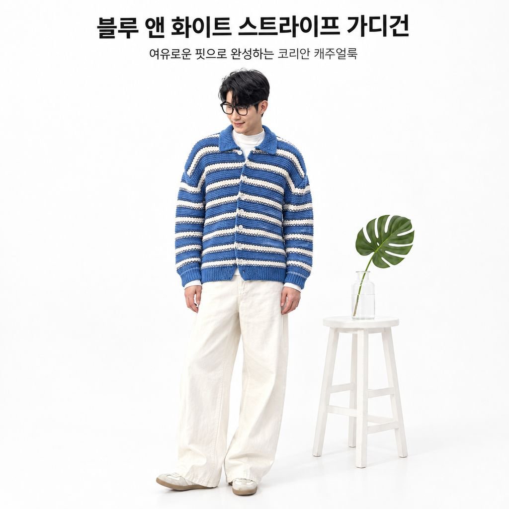 남성용 블루 앤 화이트 줄무늬 카라 니트 가디건 가을 시즌 너플한 멋이 있는 스웨터 상의