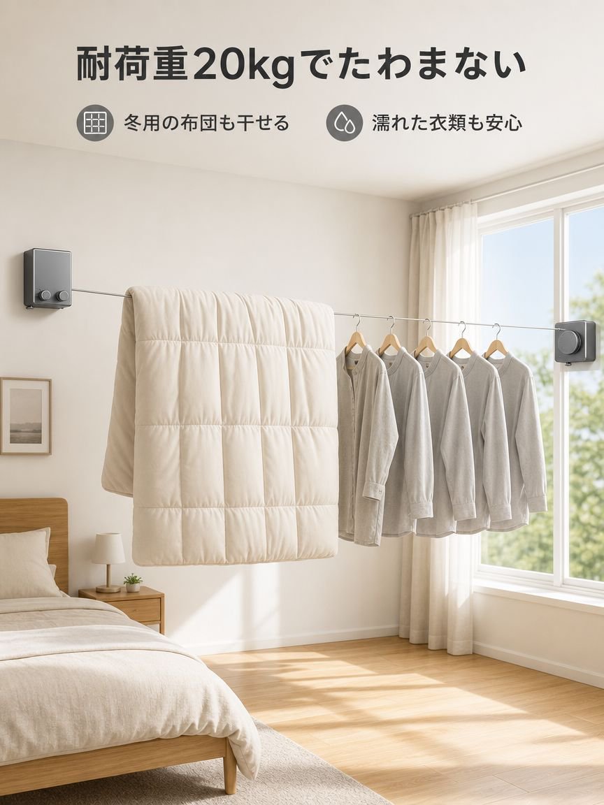 穴あけ不要・家庭用ステンレスワイヤー隠し物干しロープ