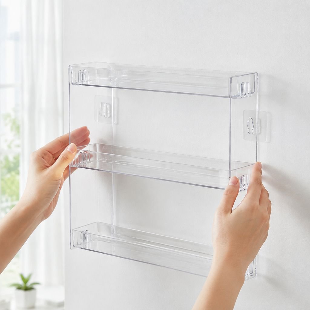 No-drill wall mounted acrylic shelf holding figurines