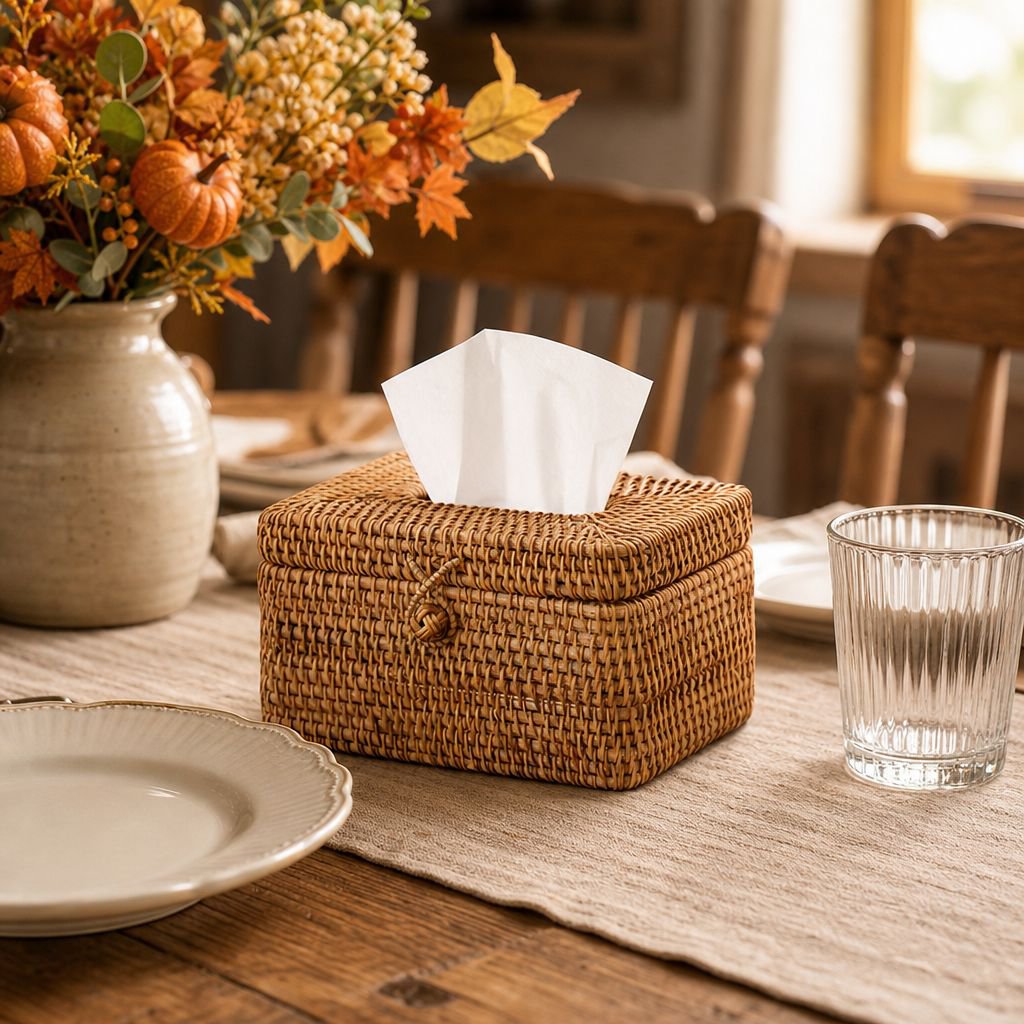 Nordic style rattan tissue holder on wooden table