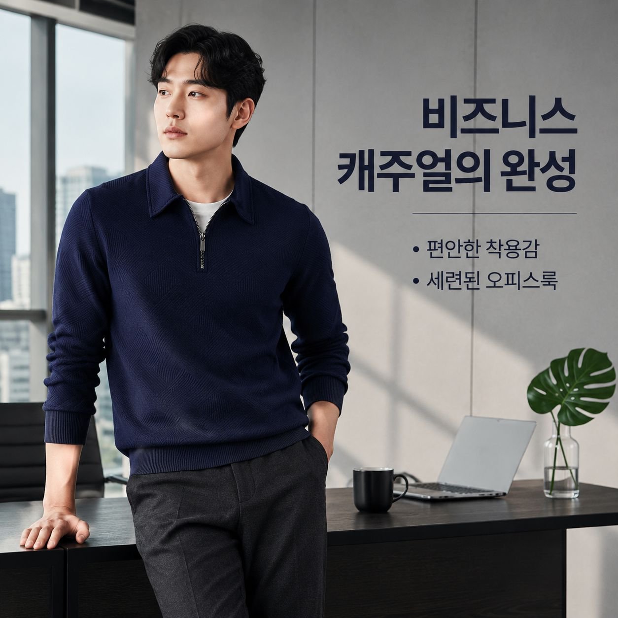 남성용 긴팔 자카드 스웨트셔츠, 하프 지퍼 및 턴다운 칼라