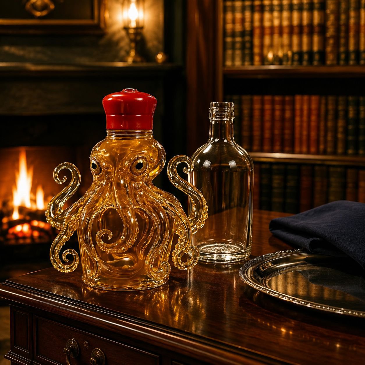 Nautical themed whiskey bottle with detailed octopus design