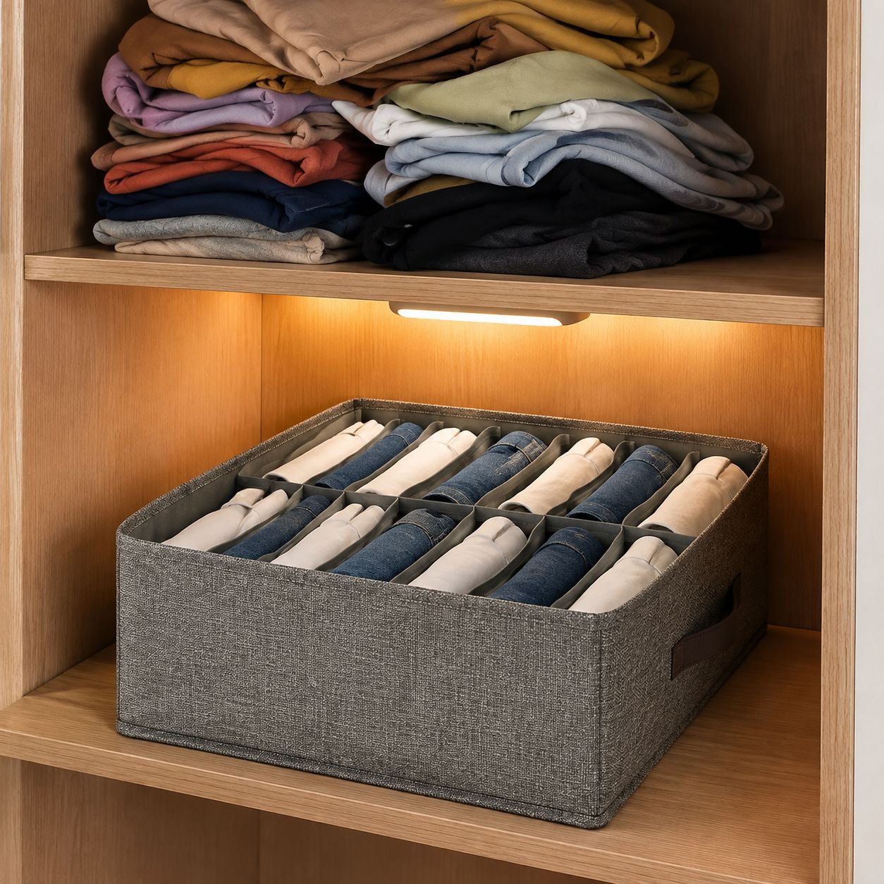 Clothes storage boxes stacked in a tidy wardrobe