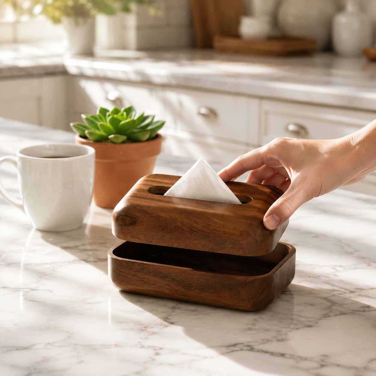 Wooden tissue dispenser for stylish workspace