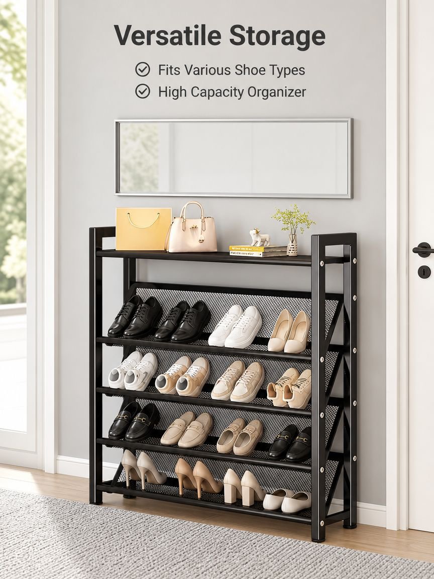 Slim Entryway Shoe Cabinet Behind Narrow Door, Ultra-thin Tilted Mesh Breathable Shoe Rack