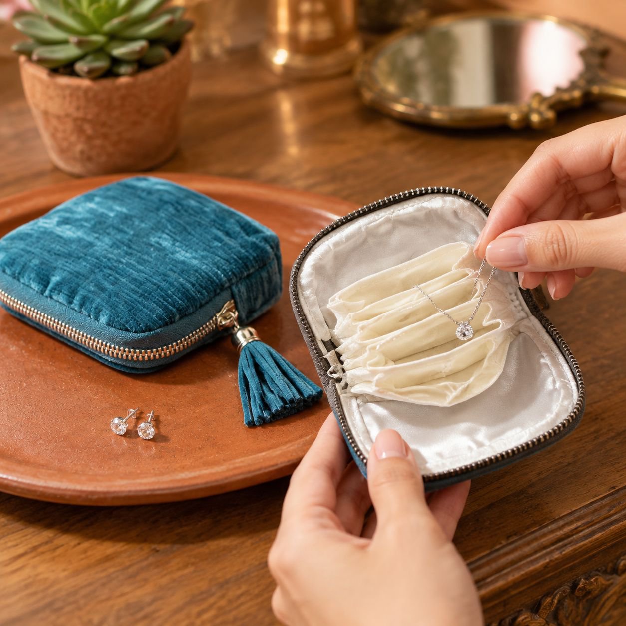 Bolsa elegante para organizar joyas abierta mostrando compartimentos