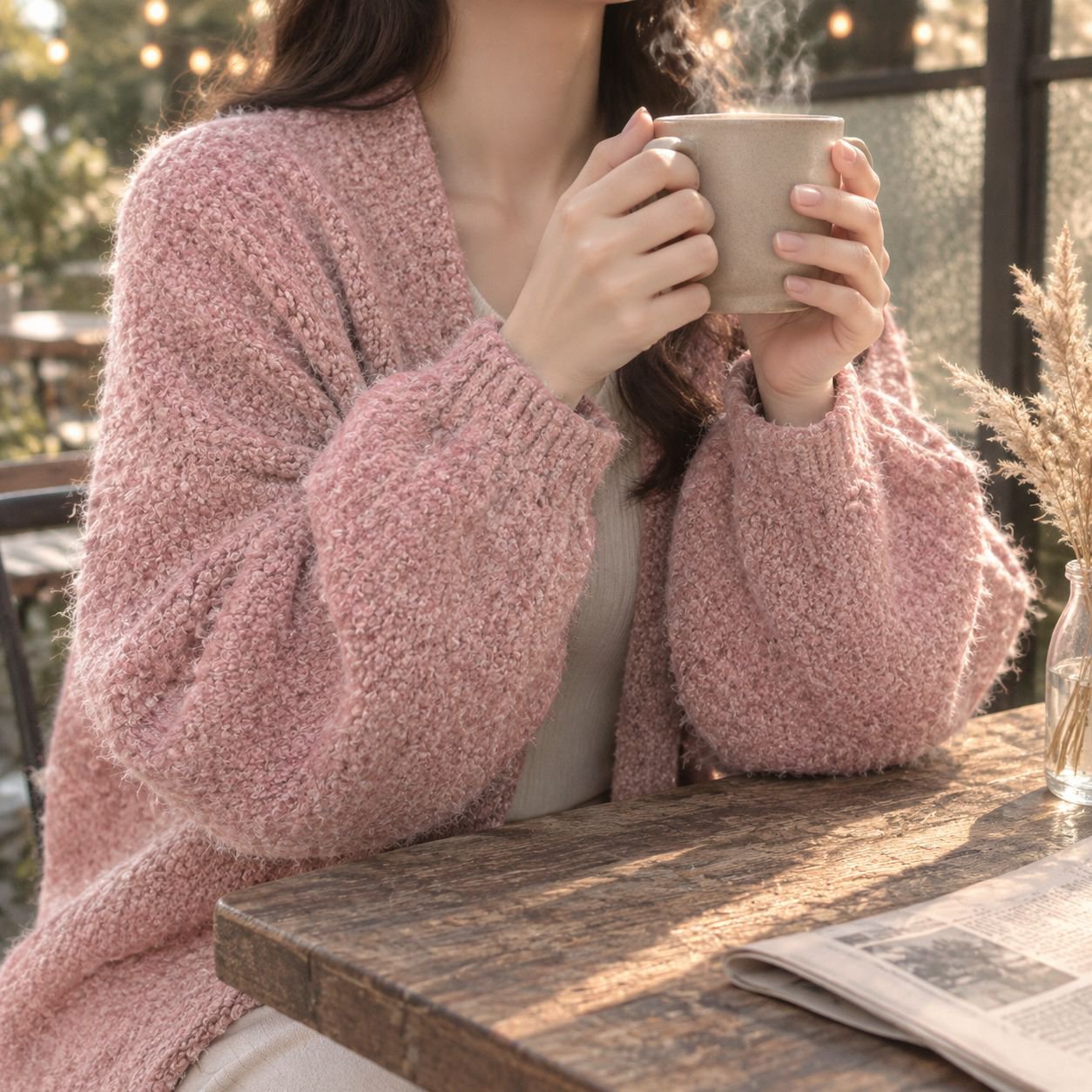 Women's Loose Fit V-Neck Lantern Sleeve Knit Cardigan