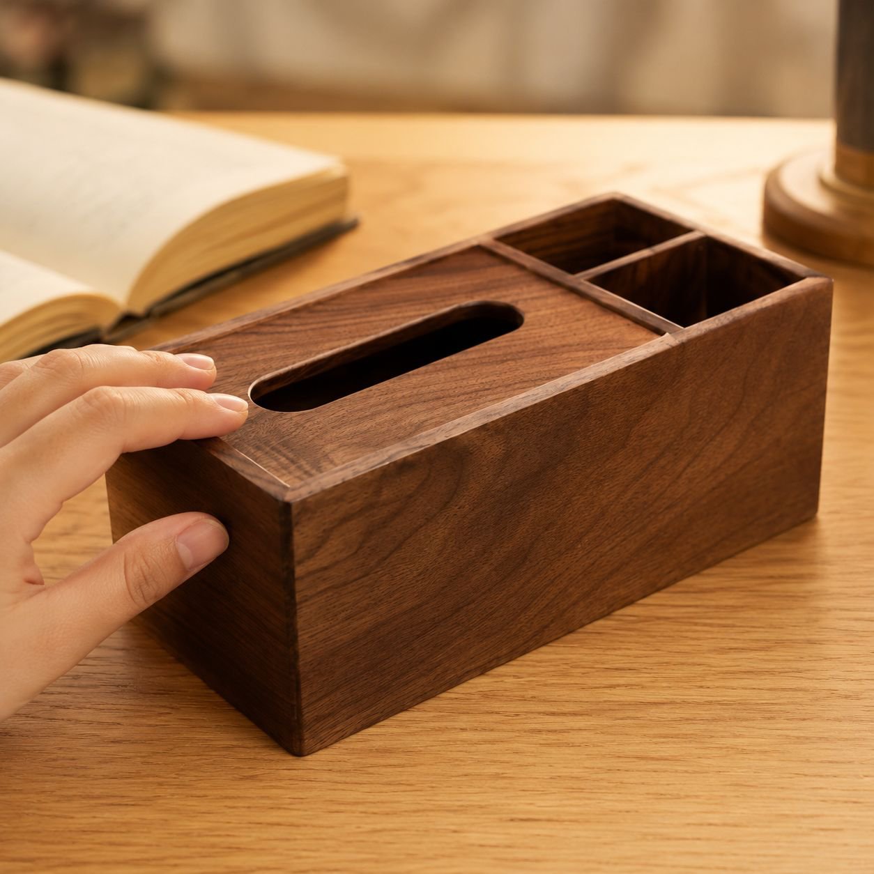 Close-up of solid walnut desktop organizer