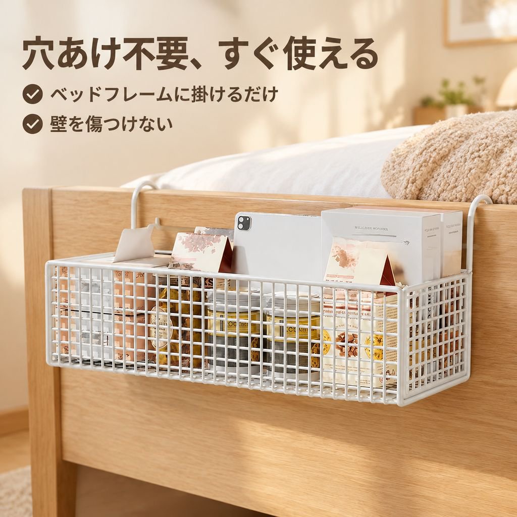 ベッドサイド収納ラック 吊り下げバスケット 穴あけ不要