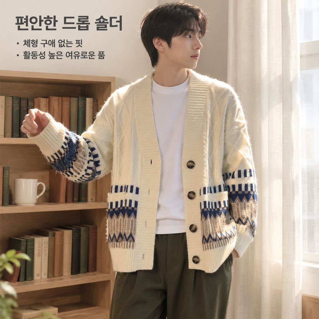 남성 빈티지 프레피룩 루즈핏 니트 가디건 봄 가을 커플 스웨터 아우터