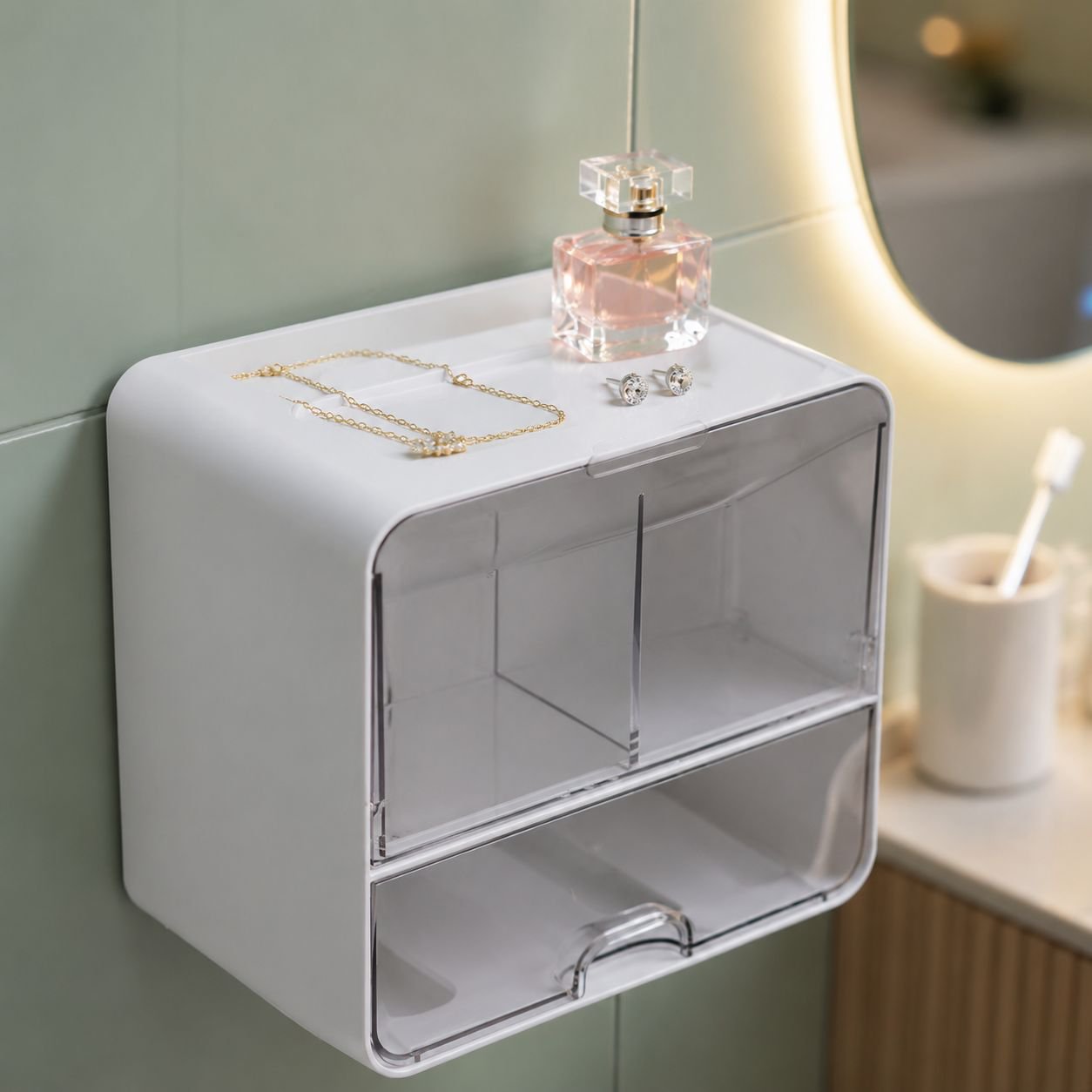 Wall-mounted Bathroom Storage Box with Mirror for Cosmetics