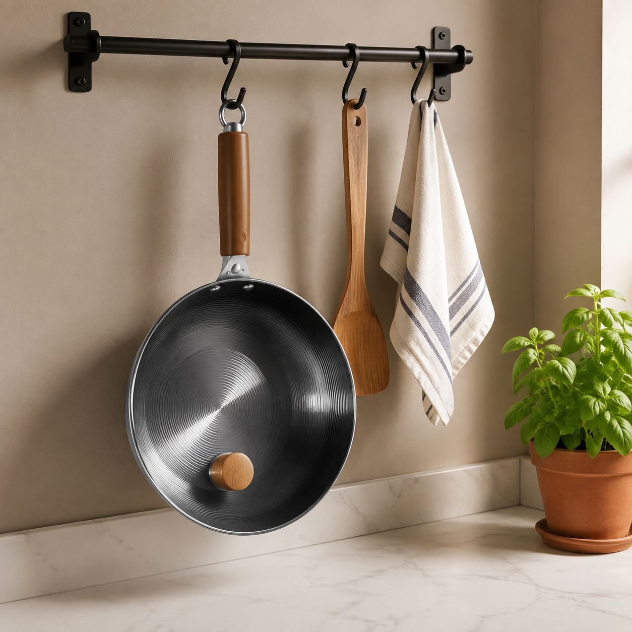 Side view of threaded handle iron frying pan