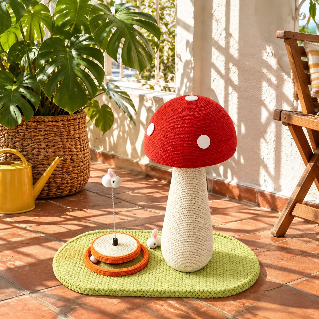 Rascador para gatos grande con yute y forma de hongo rojo