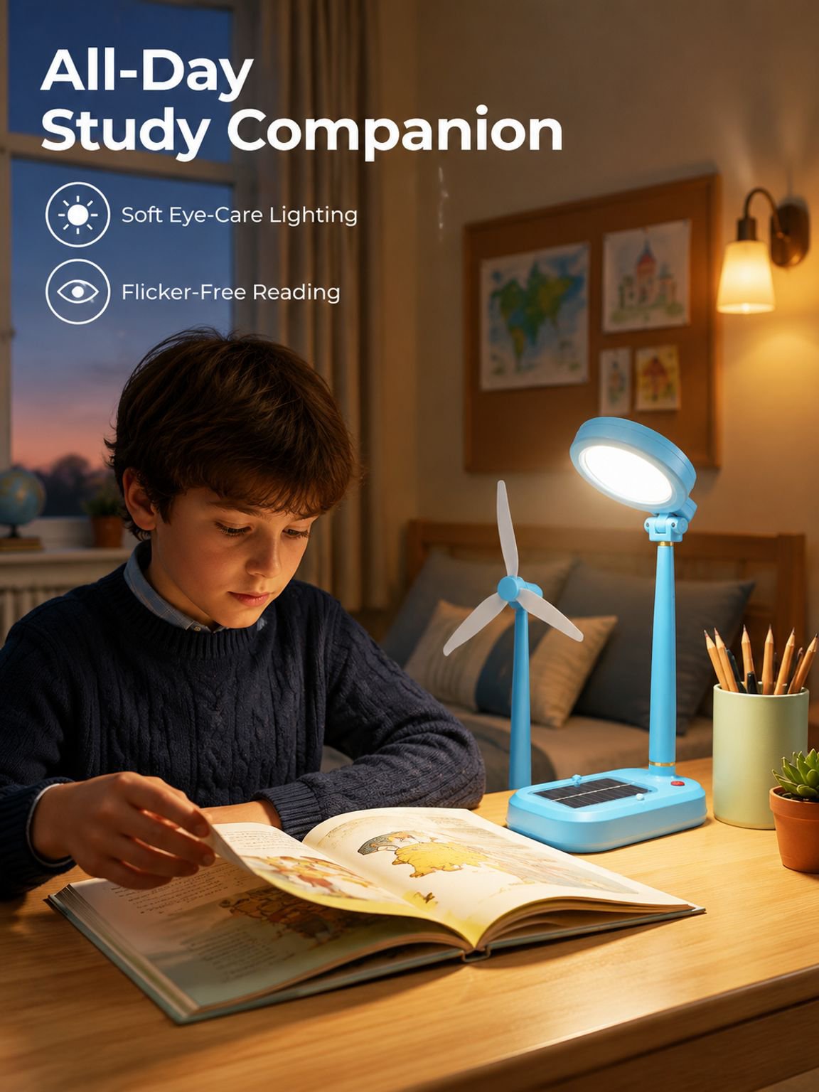 Solar Rechargeable Desk Lamp Study Fan