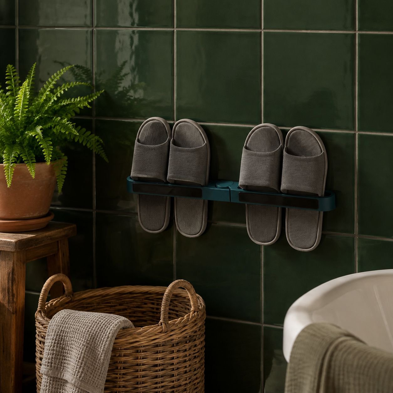 Modern bathroom with punch-free slipper holder for tidy storage