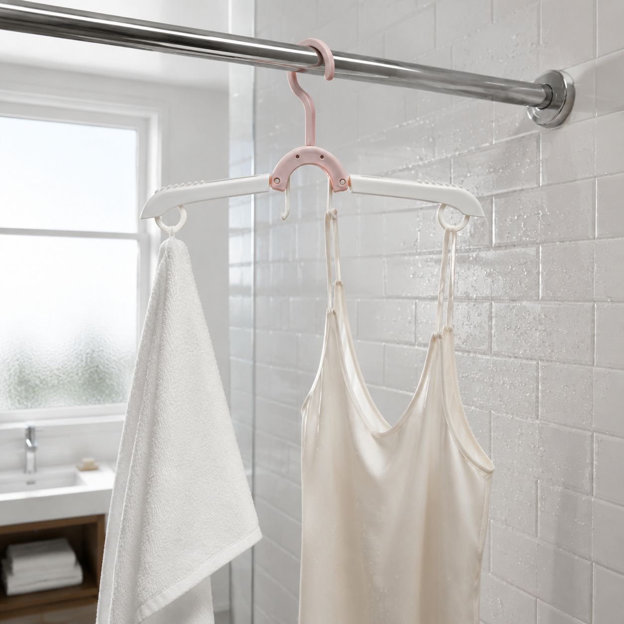 Travel hanger being used in hotel room
