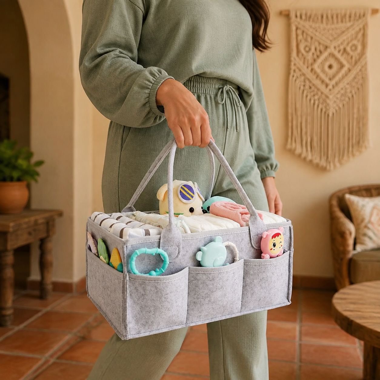 Caja organizadora de fieltro para pañales, imprescindible para mamás en casa y de viaje