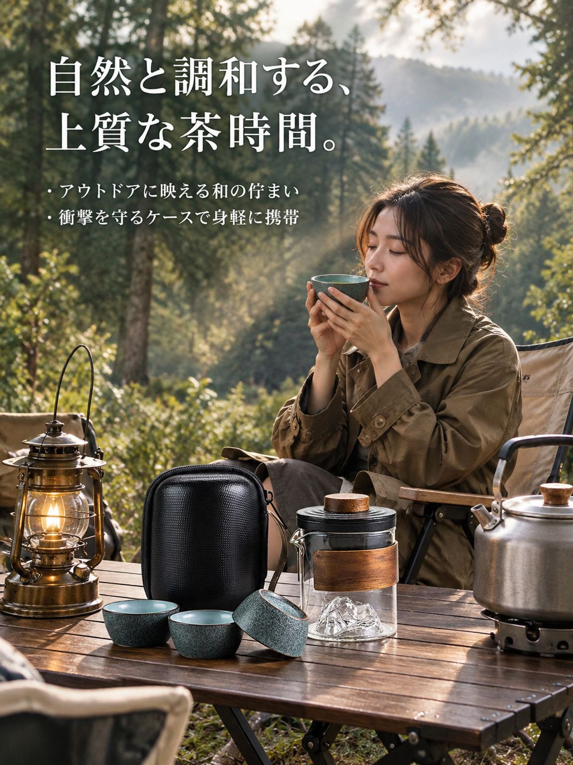 陶器製ティーポットとカップ3個の携帯用ティーセット