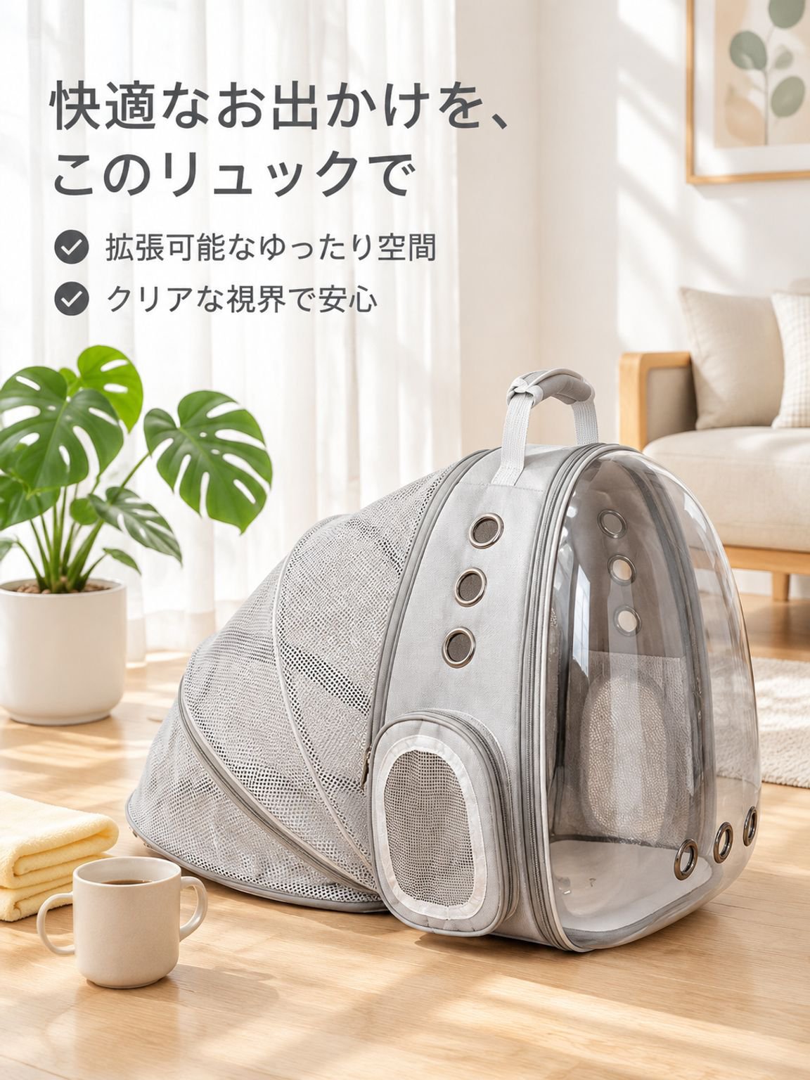 拡張可能な通気性あるペットリュック