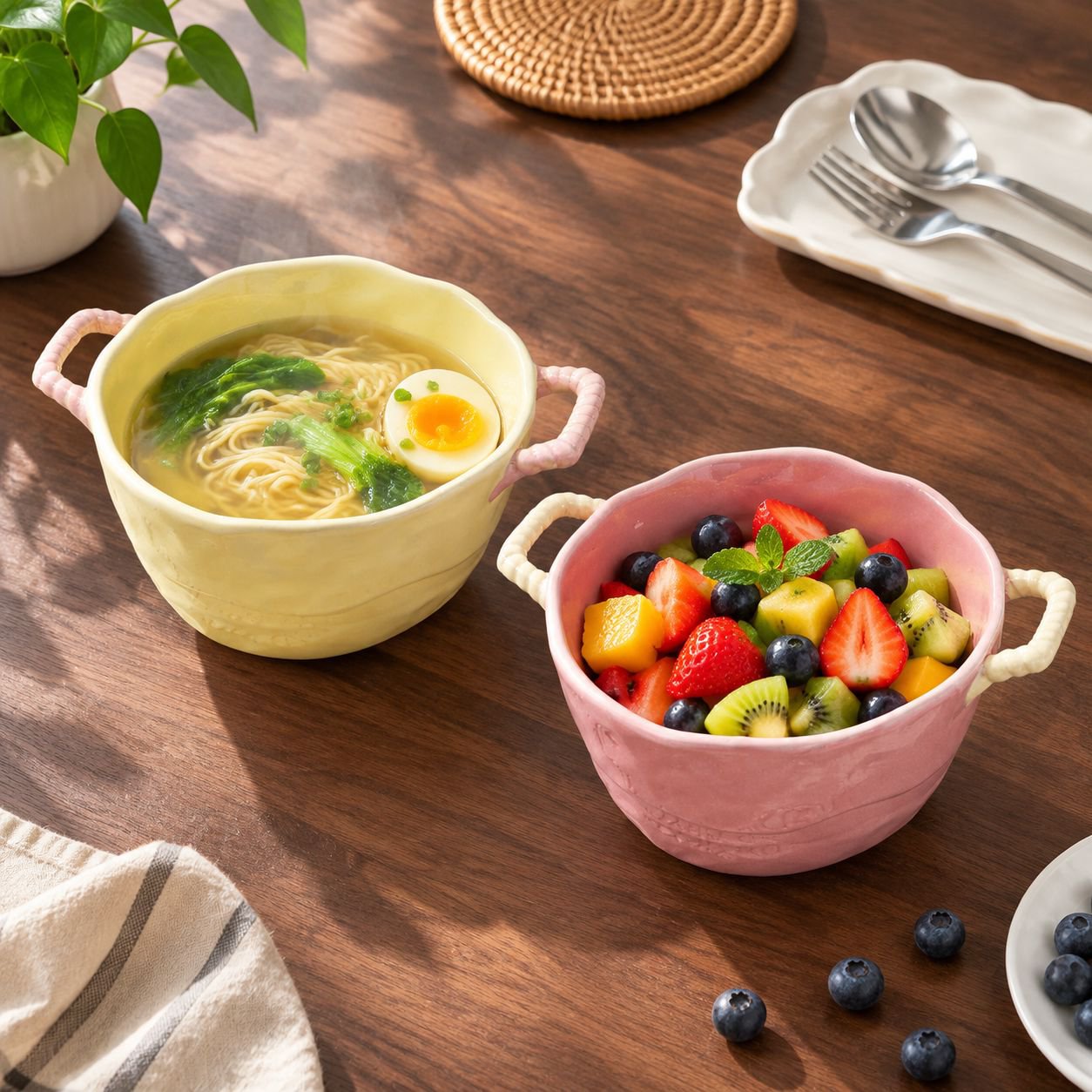 Cuenco de sopa grande con asa, cuenco de fideos instantáneos con diseño estriado