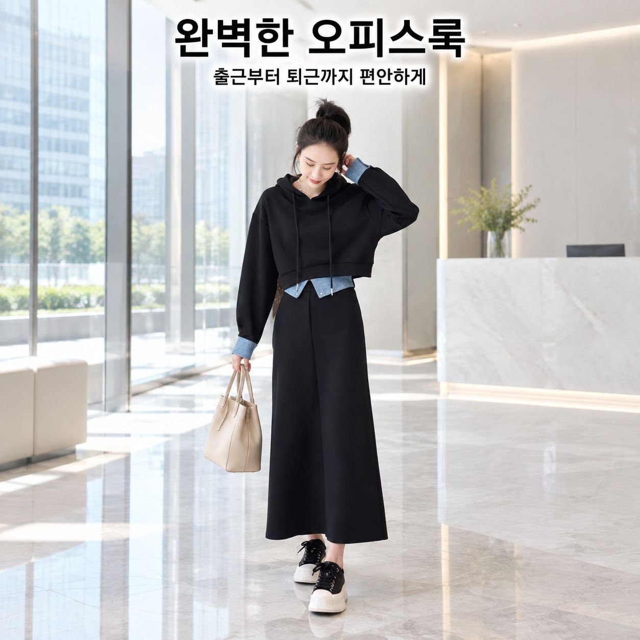 빅사이즈 여성 가을 후드 세트패션 트렌디한 날씬해 보이는 미디스커트 투피스