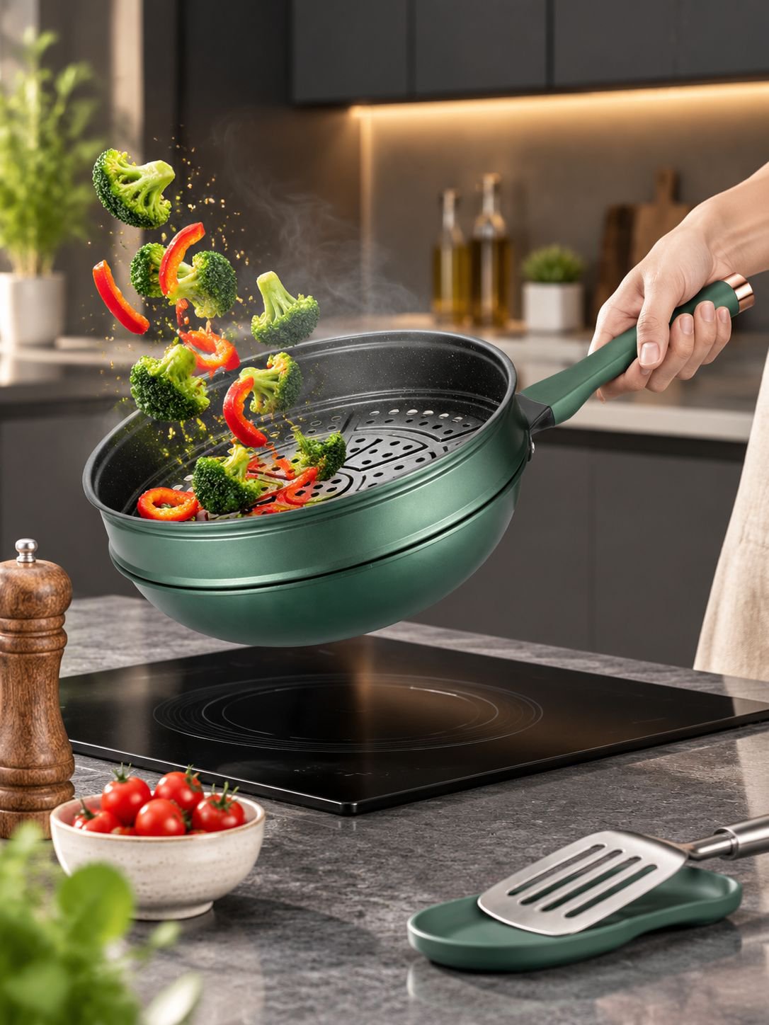 Family meal preparation using non-stick frying pan