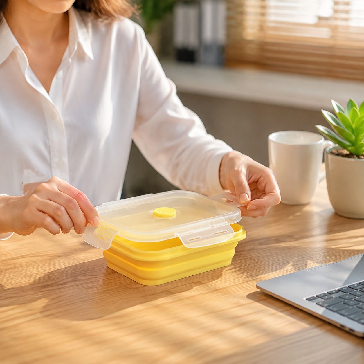 Portable Foldable Silicone Food Container with Sealed Lid closed and folded