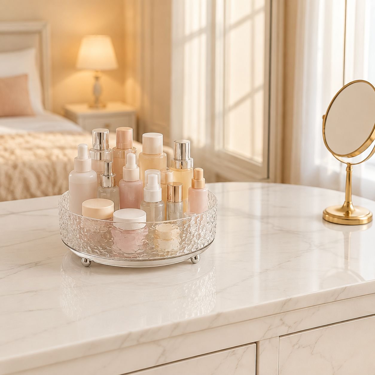 360 degree rotating cosmetics rack on desktop