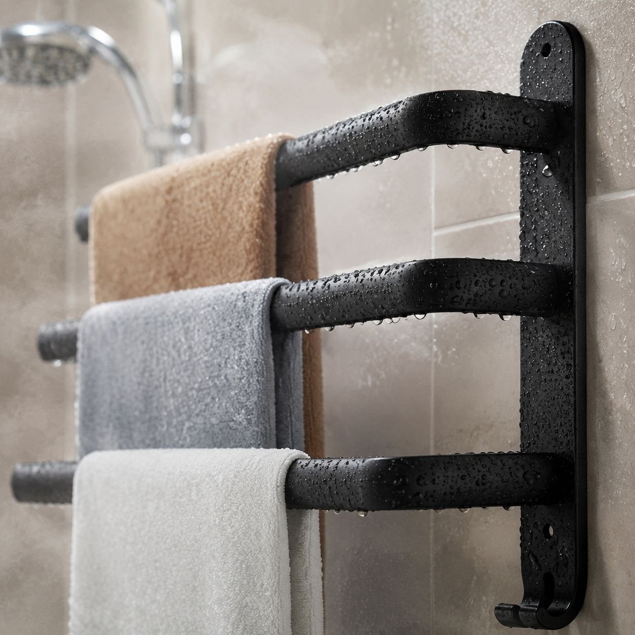 No-drill towel rack combo in contemporary bathroom