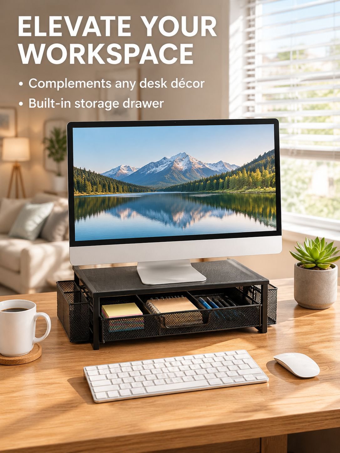 Dual-Layer Metal & Wood Monitor Stand with Drawer Desktop Organizer