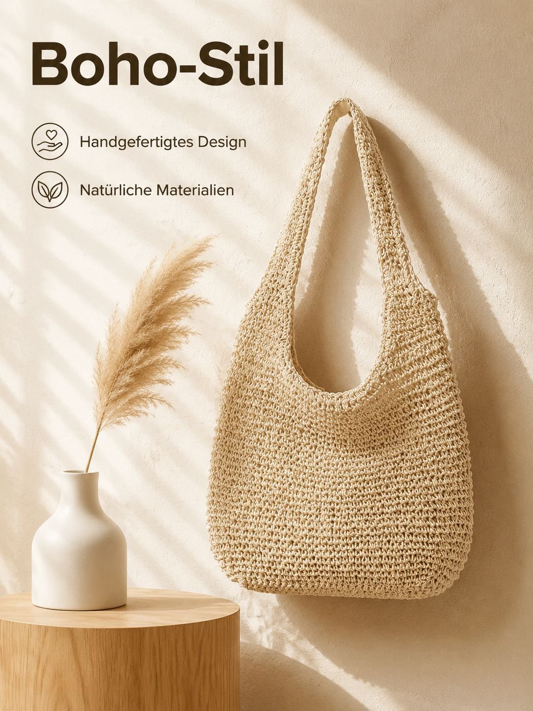 Handgefertigte gehäkelte Schultertasche, Strandtasche im Boho-Stil