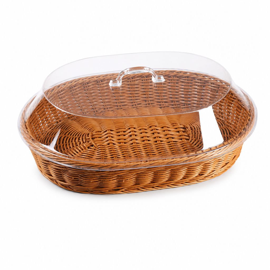 Panier à pain ovale tressé à la main en rotin synthétique avec couvercle en acrylique