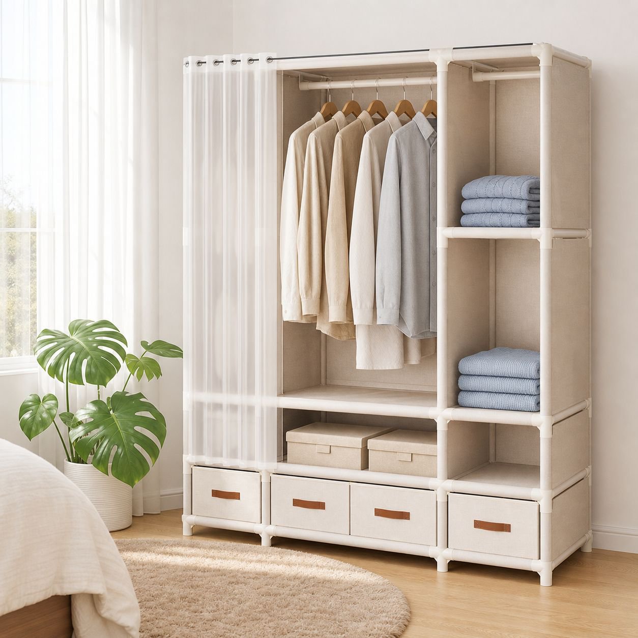 Sturdy and Durable Bedroom Wardrobe, Minimalist Floor Storage Rack, Suitable for Small Spaces