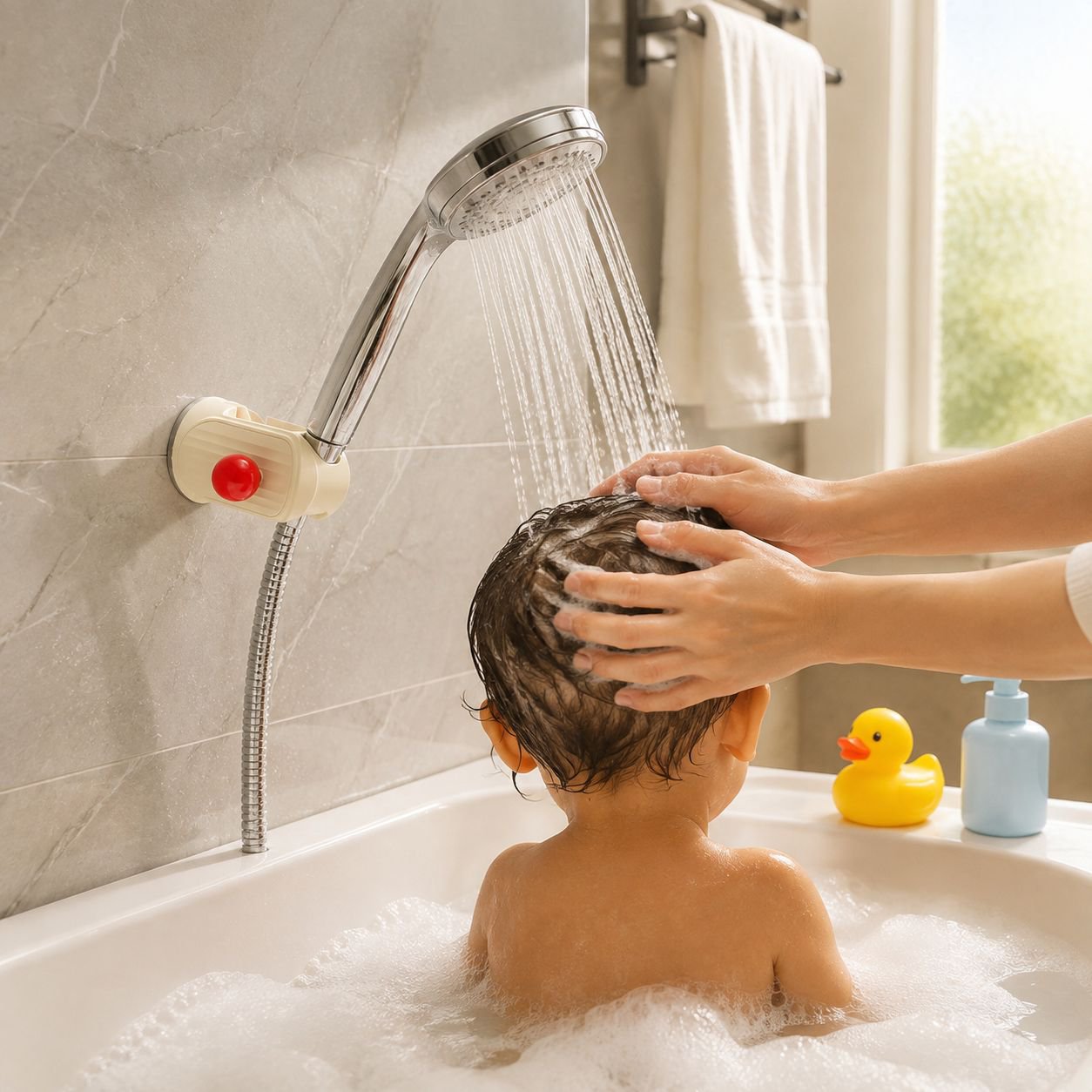 Close-up of adjustable shower head holder in bathroom