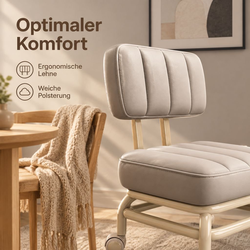 Bequemer Hocker mit Rückenlehne, weicher Polsterung und Rollen