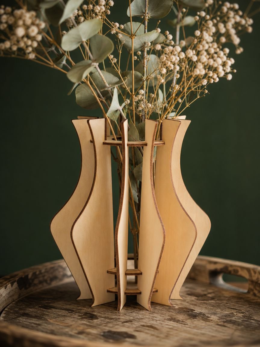 Gift-ready wooden flower display stand with bouquet