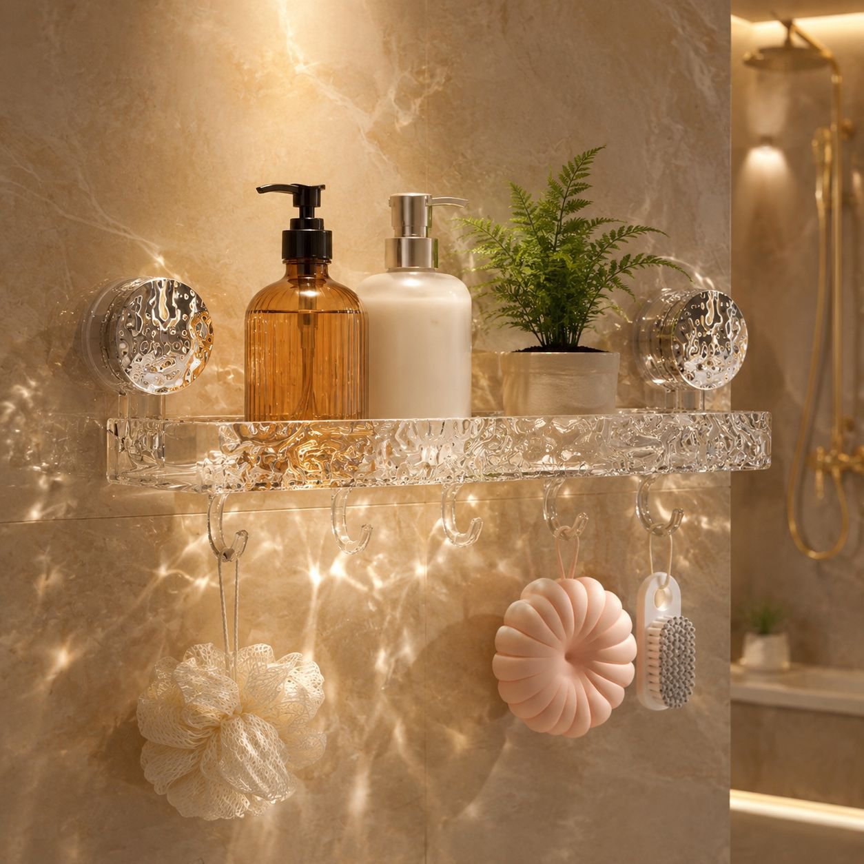 No-Drill Glacier Pattern Suction Cup Wall Shelf mounted in modern bathroom